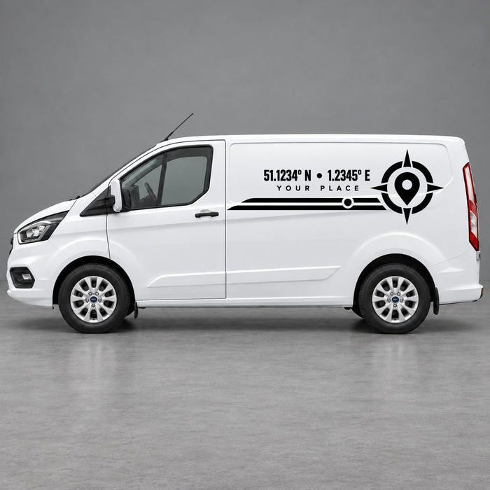 Ford Transit Custom Personalised Coordinates & Compass Side Graphics in Black