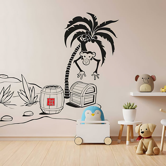 Monkey in Tree with Treasure Chest Wall Sticker – Jungle Kids Decal