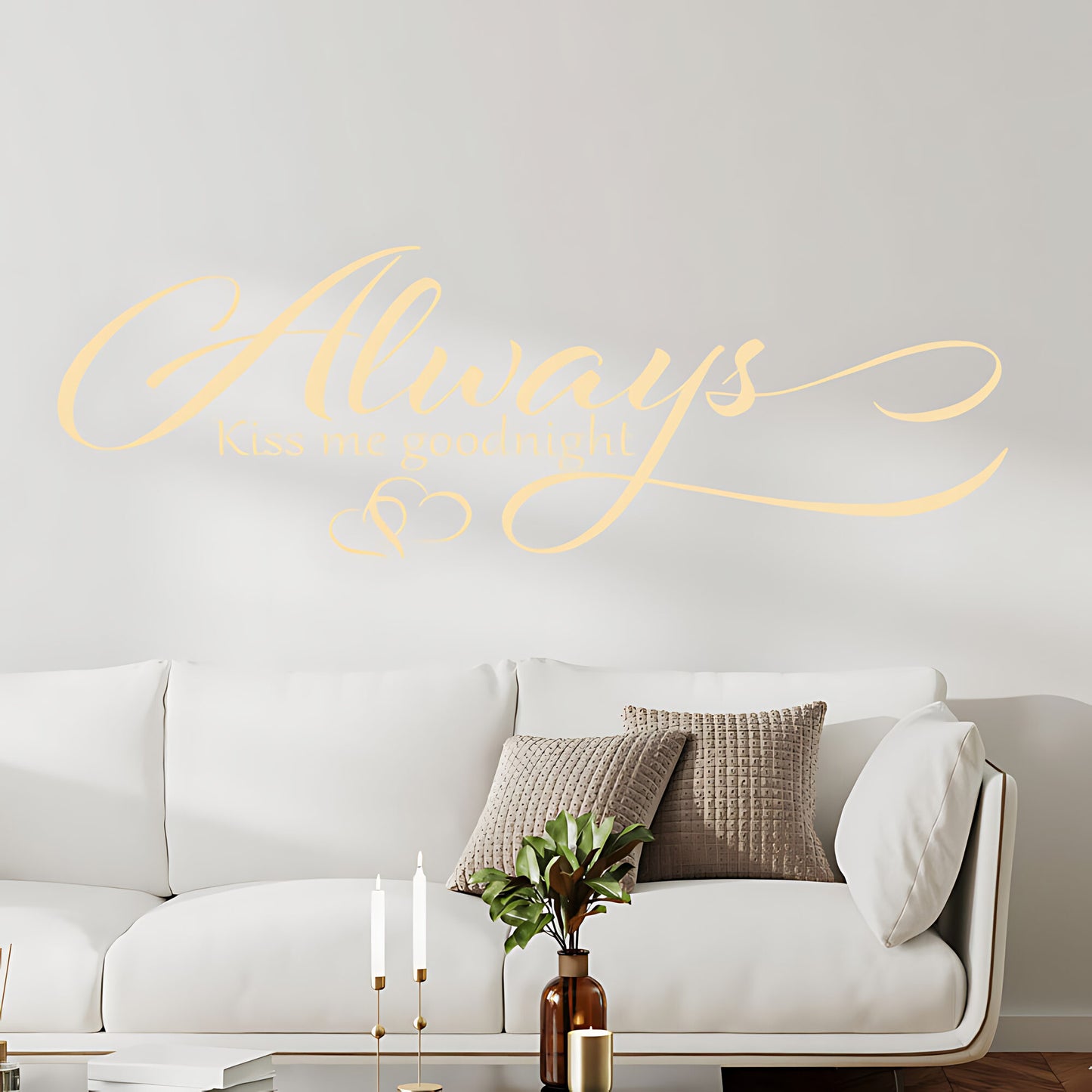 Always Kiss Me Goodnight Wall Sticker – Cursive Script Hearts Bedroom Decal