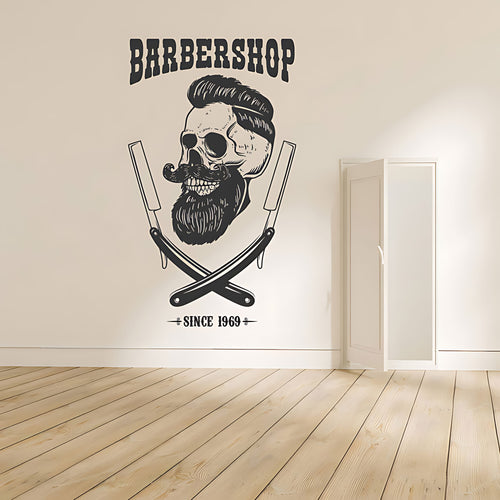 Barbershop Premium Service Wall Sticker – Bearded Man with Tools