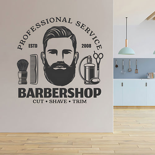 Barbershop Cut Shave Trim Wall Sticker – Professional Service Bearded Man Decal
