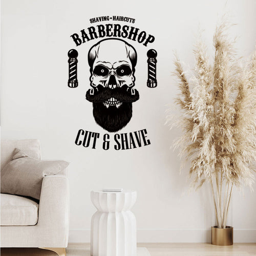 Barbershop Cut & Shave Wall Decal – Skull & Barber Poles