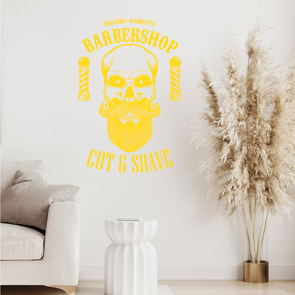 Barbershop Cut & Shave Wall Decal – Skull & Barber Poles