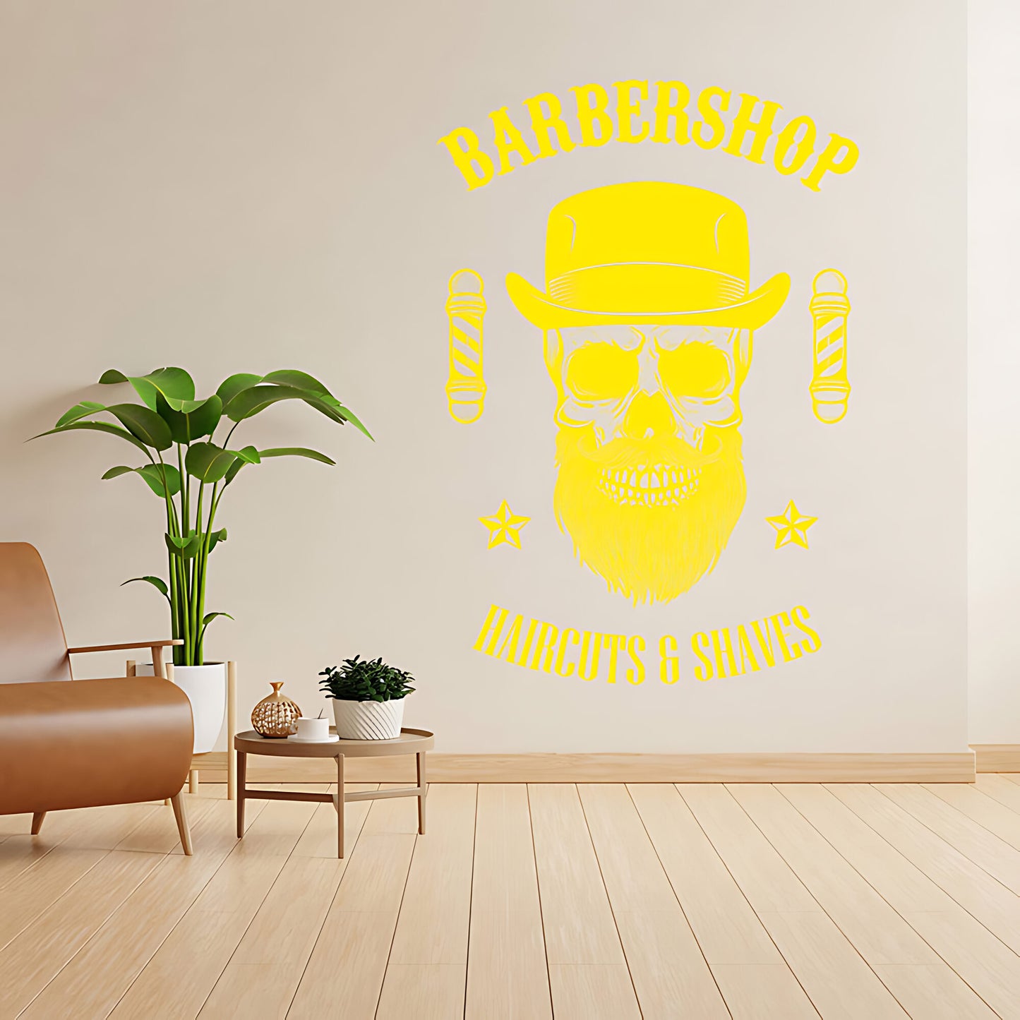 Barbershop Haircuts & Shaves Wall Decal – Skull Bowler Hat & Poles