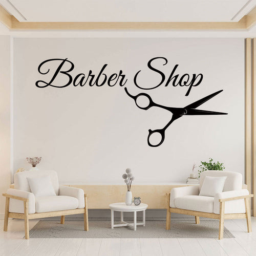Barber Shop Wall Sticker – Cursive Script with Scissors Salon Decal