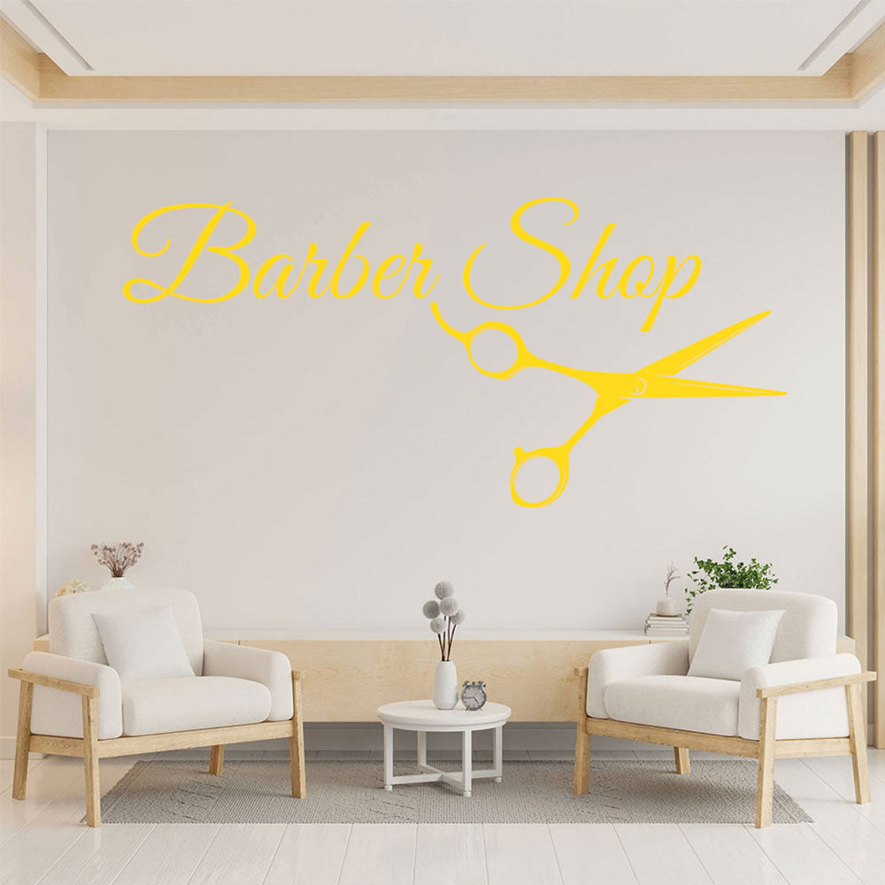 Barber Shop Wall Sticker – Cursive Script with Scissors Salon Decal