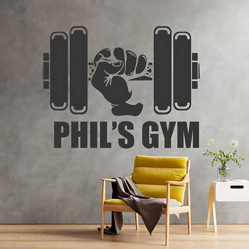 Personalised Gym Wall Sticker – Custom Name Dumbbell & Fist Decal