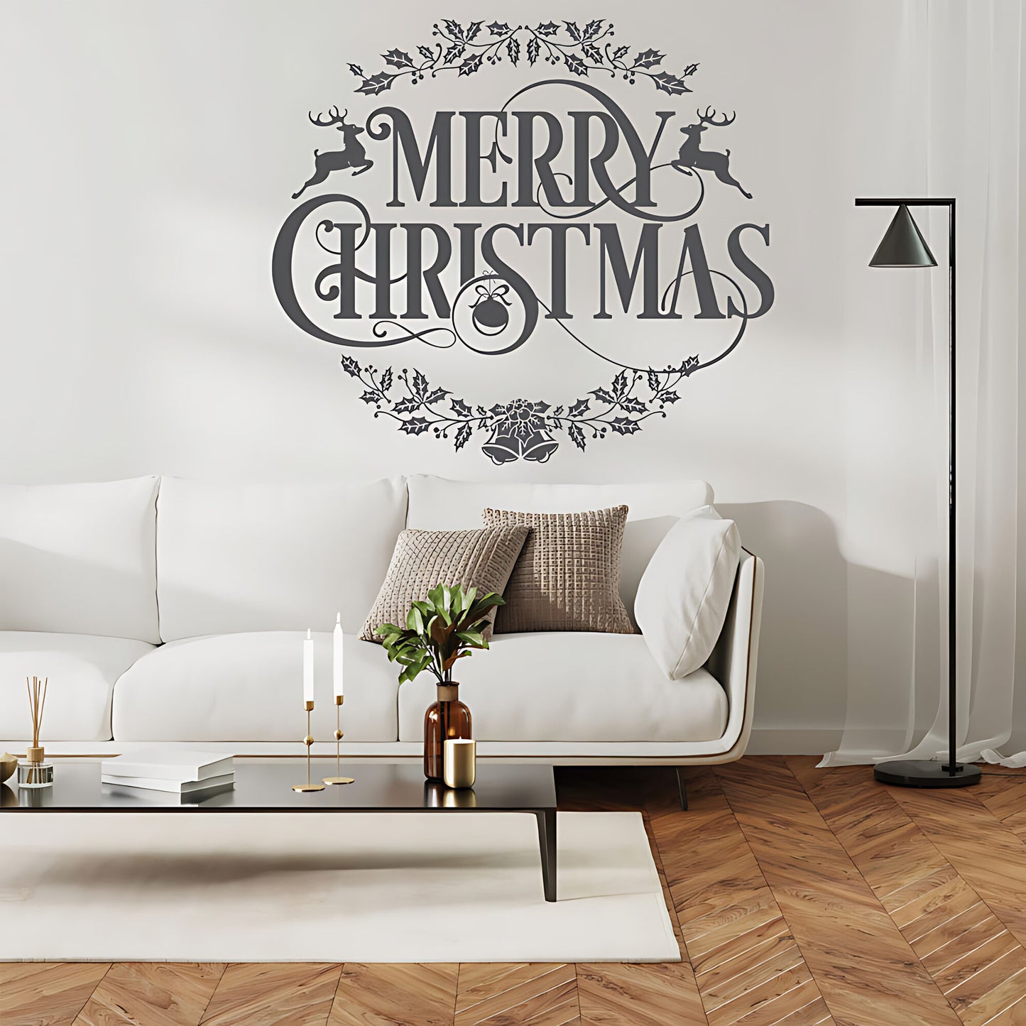 Merry Christmas Wall Sticker – Reindeer Holly Bells Festive Home Decal
