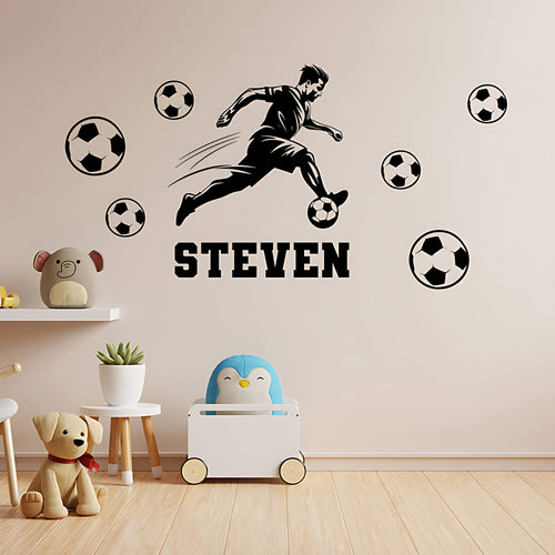 Personalised Football Wall Sticker – Player with Name & Scattered Balls