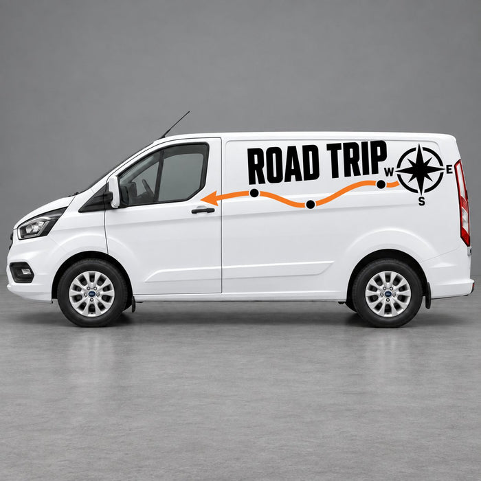 Ford Transit Custom Road Trip Route & Compass Side Graphics in Black & Orange