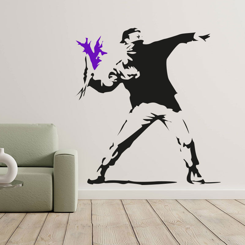 hooligan throwing flowers banksy riot art wall sticker