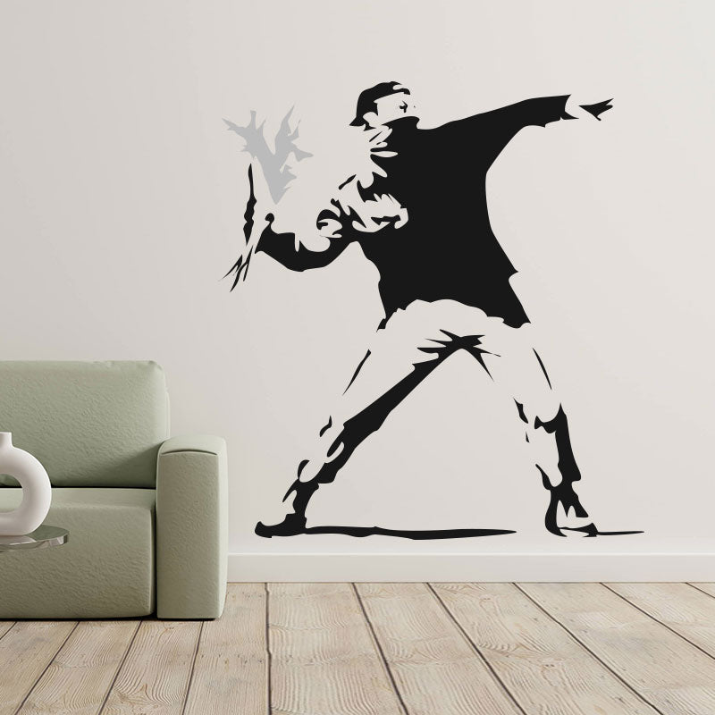 hooligan throwing flowers banksy riot art wall sticker