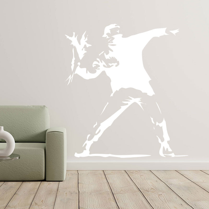 hooligan throwing flowers banksy riot art wall sticker