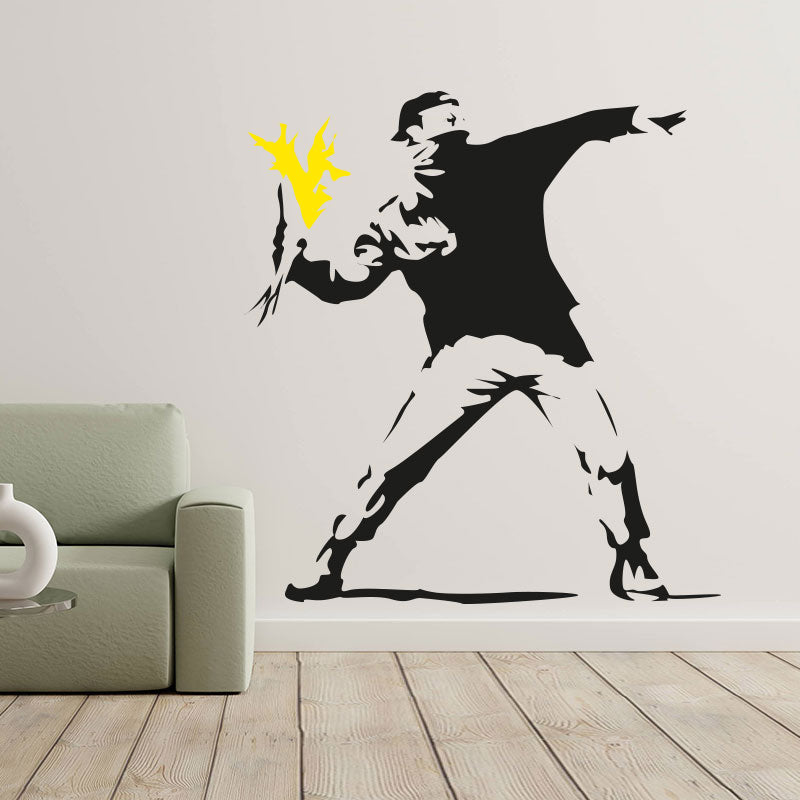hooligan throwing flowers banksy riot art wall sticker