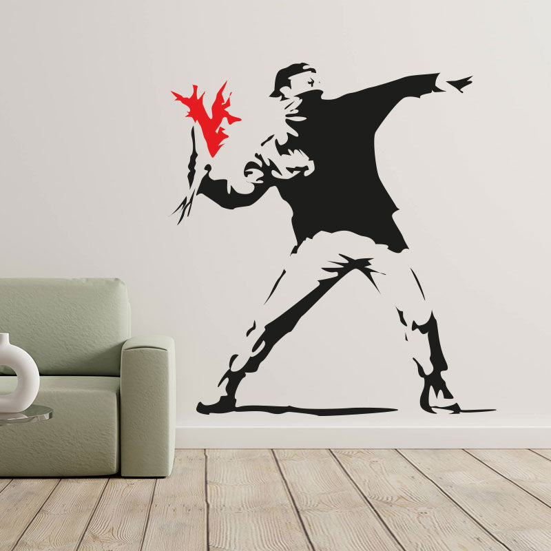 hooligan throwing flowers banksy riot art wall sticker