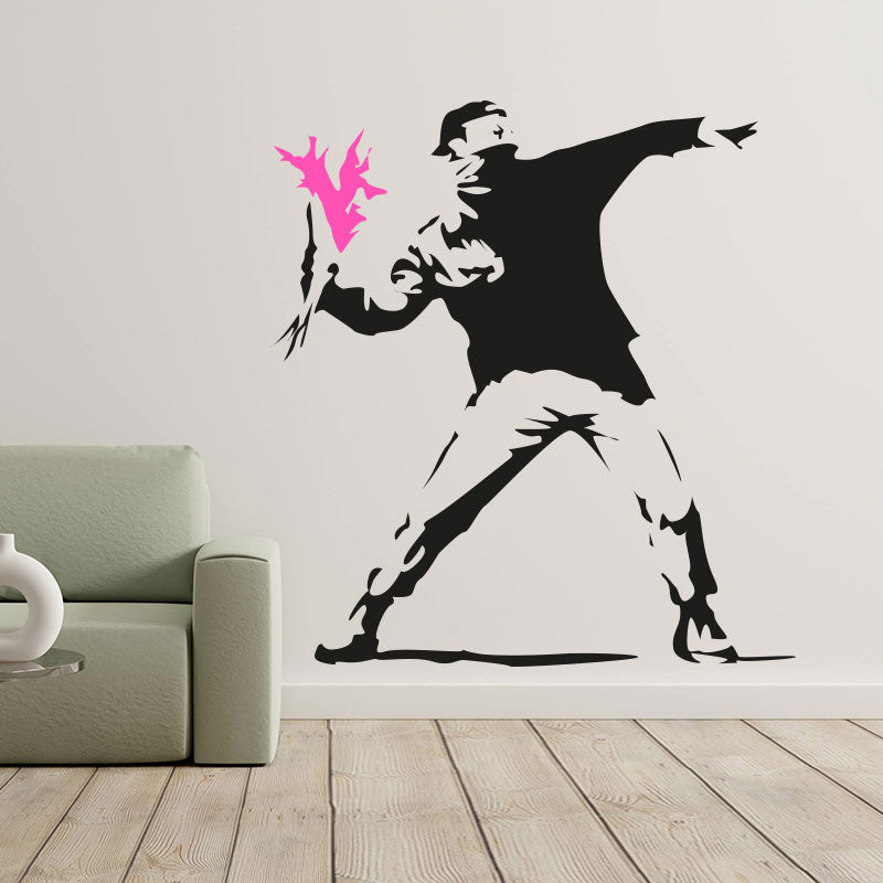 hooligan throwing flowers banksy riot art wall sticker
