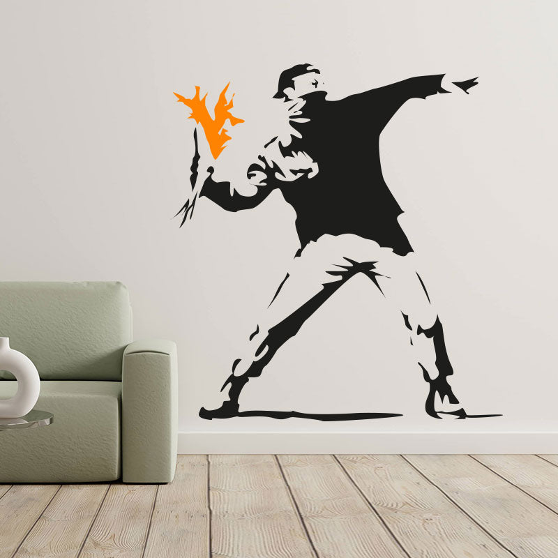 hooligan throwing flowers banksy riot art wall sticker