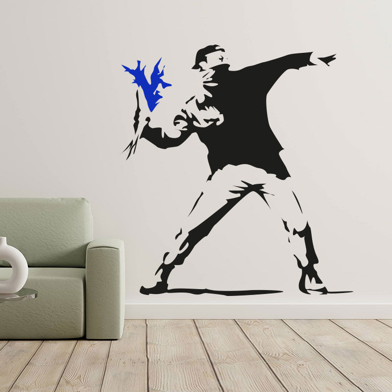 hooligan throwing flowers banksy riot art wall sticker