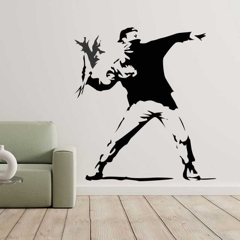 hooligan throwing flowers banksy riot art wall sticker