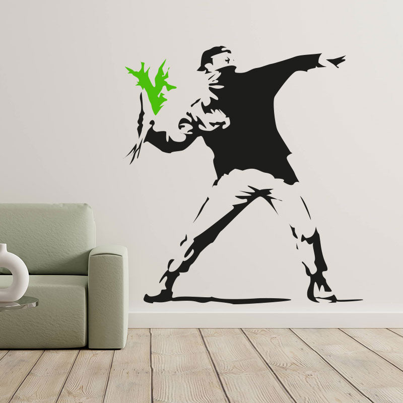hooligan throwing flowers banksy riot art wall sticker