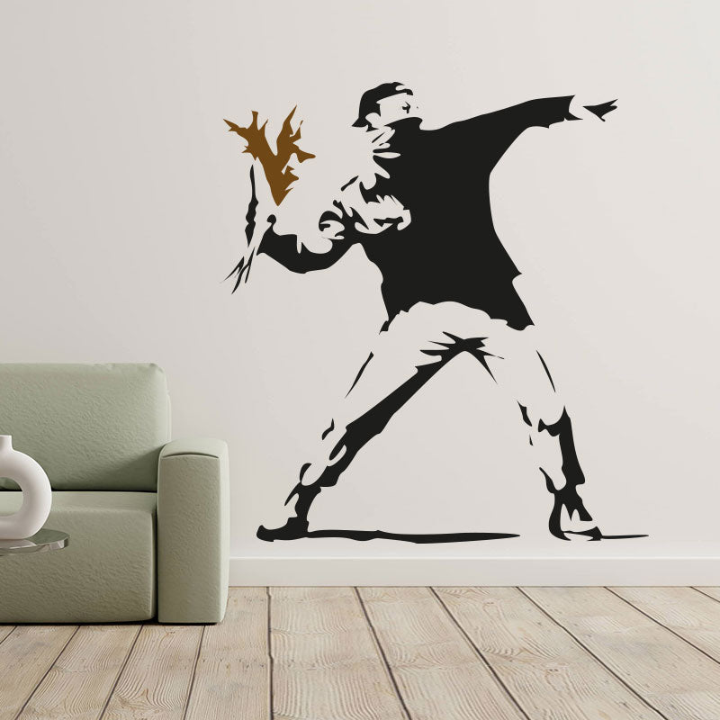 hooligan throwing flowers banksy riot art wall sticker