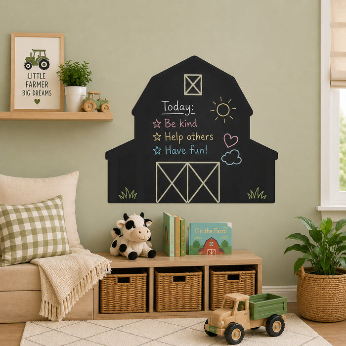 Barn chalkboard wall sticker with farmhouse nursery décor and kids drawing area