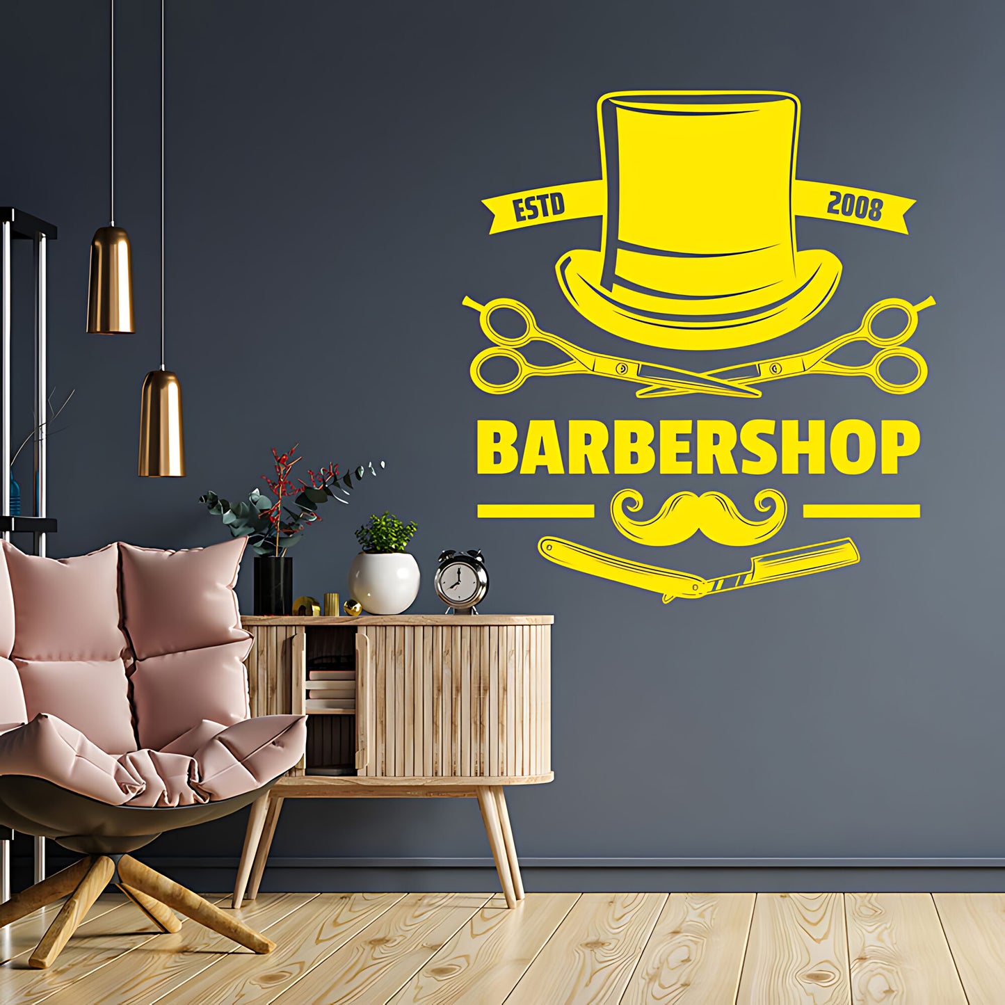 Bespoke Barbershop Wall Sticker – Est. Year Top Hat Scissors & Razor