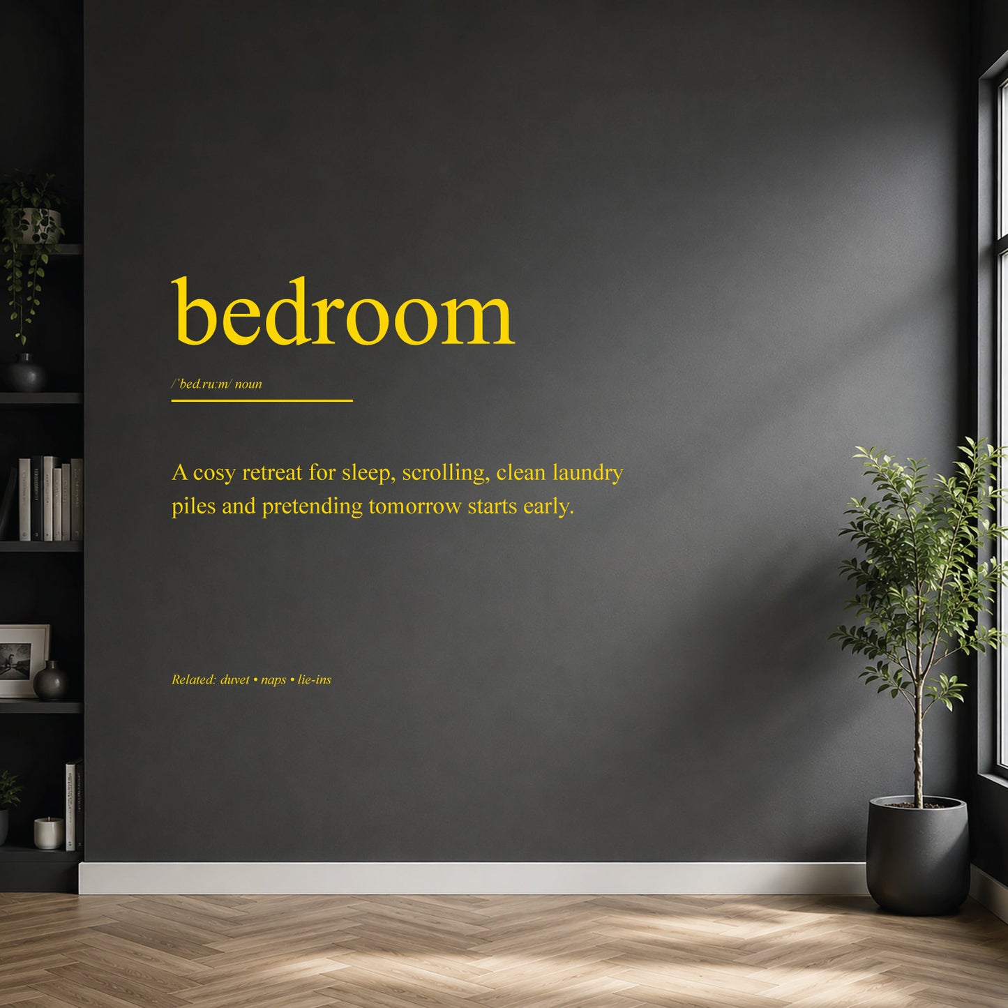 White bedroom definition wall sticker on a dark modern wall.