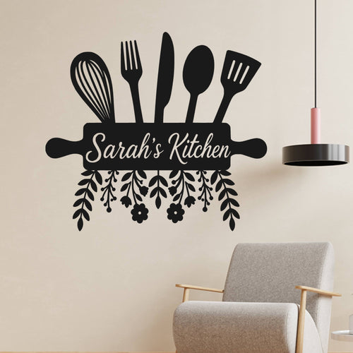 Personalised Kitchen Wall Sticker with Utensils – Custom Name Floral Kitchen Decal