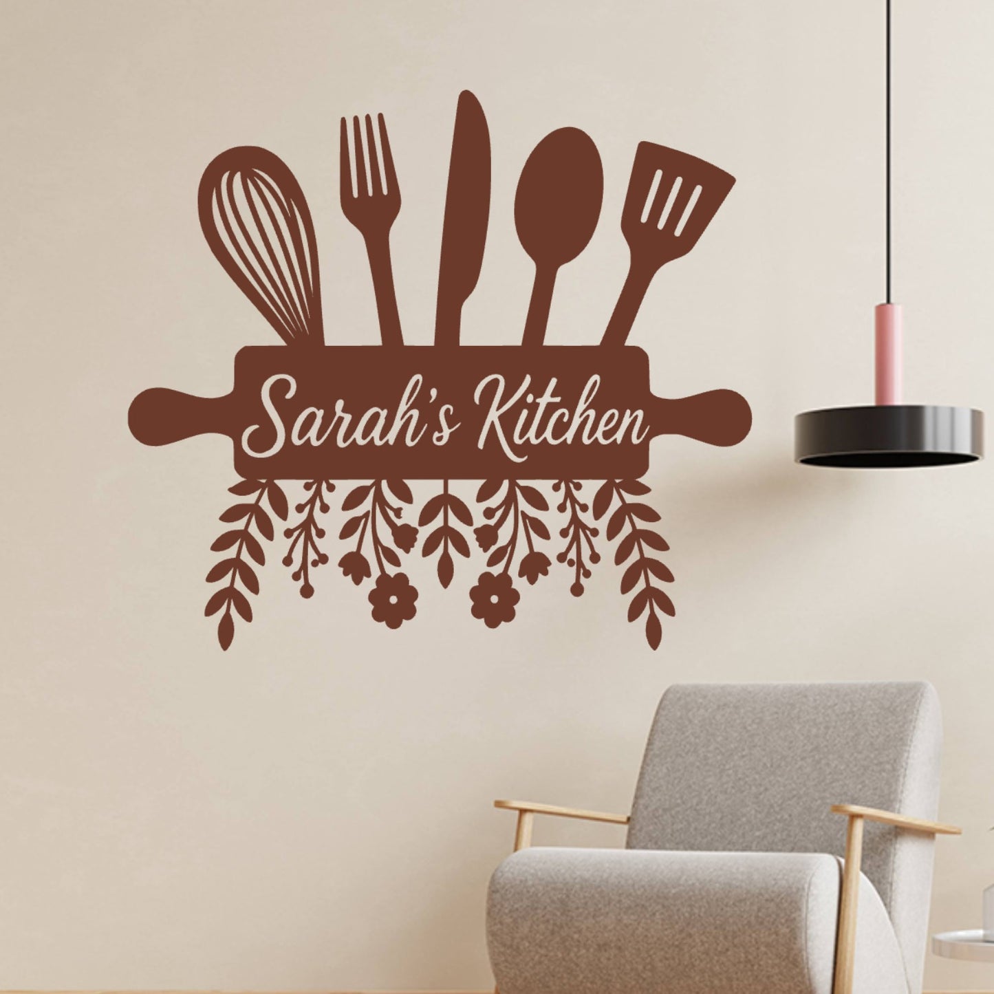 Personalised Kitchen Wall Sticker with Utensils – Custom Name Floral Kitchen Decal
