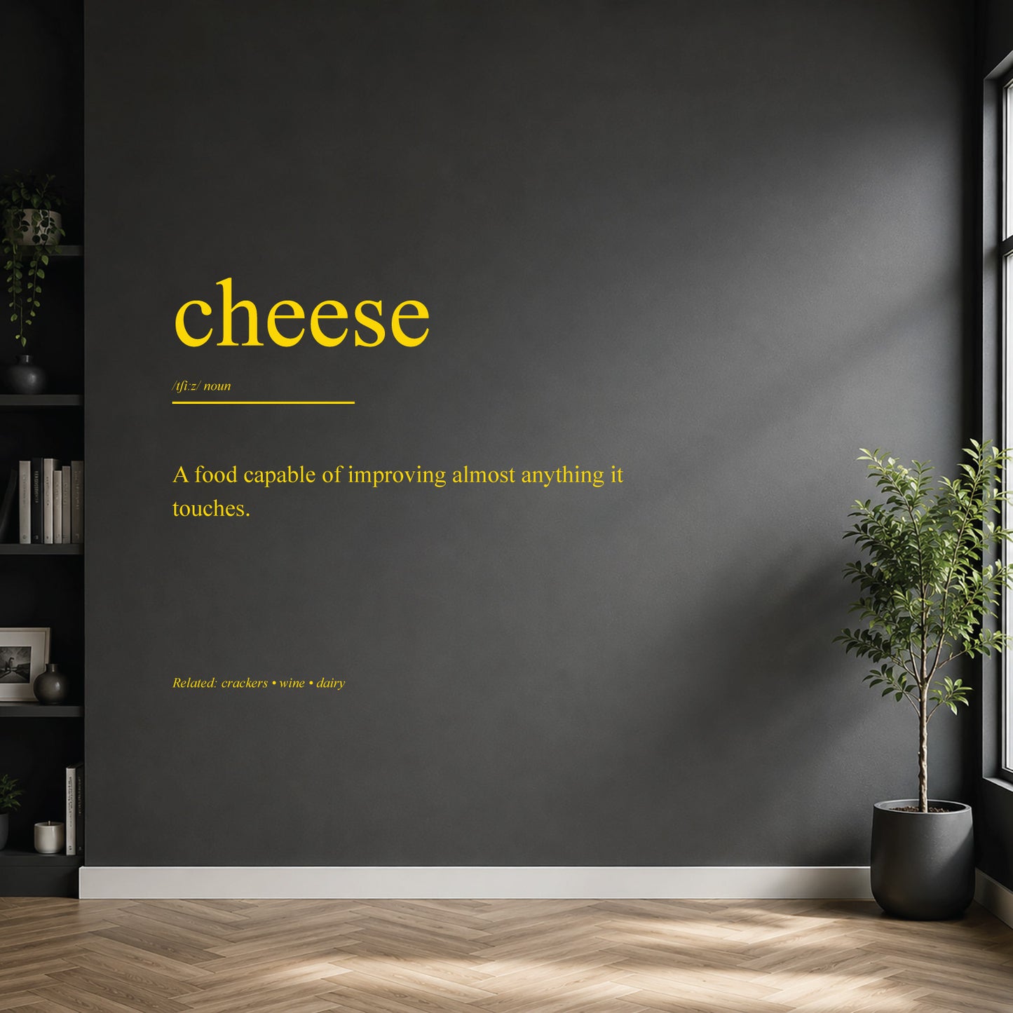 White cheese dictionary definition wall sticker on a modern kitchen wall.