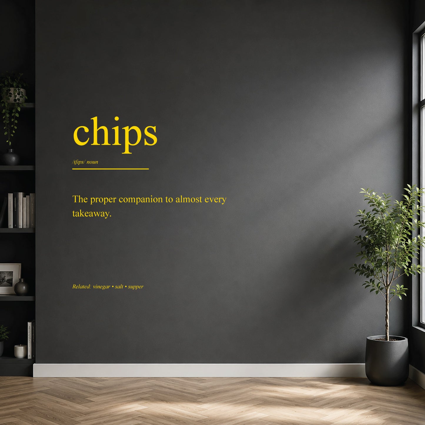 White chips dictionary definition wall sticker on a modern kitchen wall.