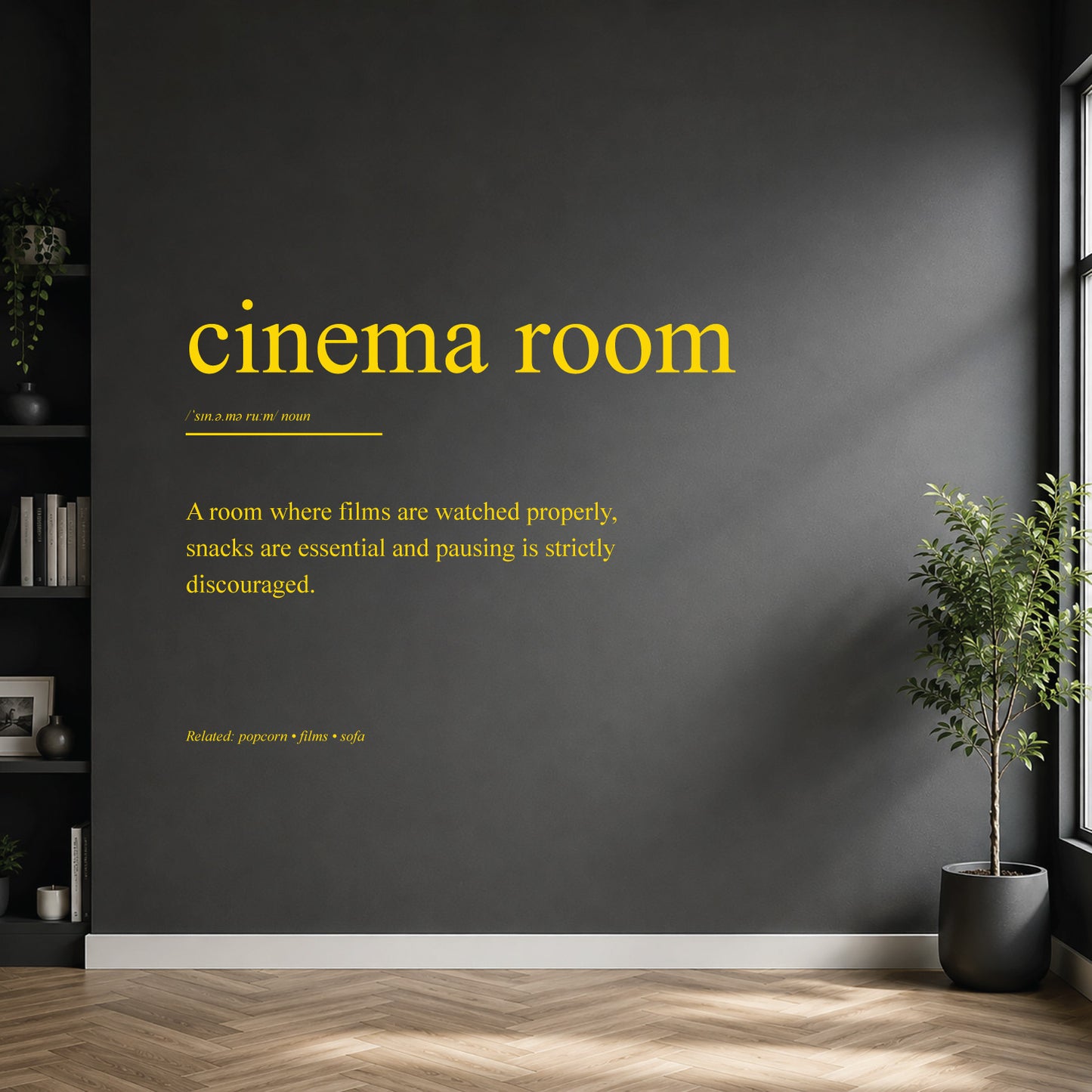 White cinema room definition wall sticker on a dark modern wall.