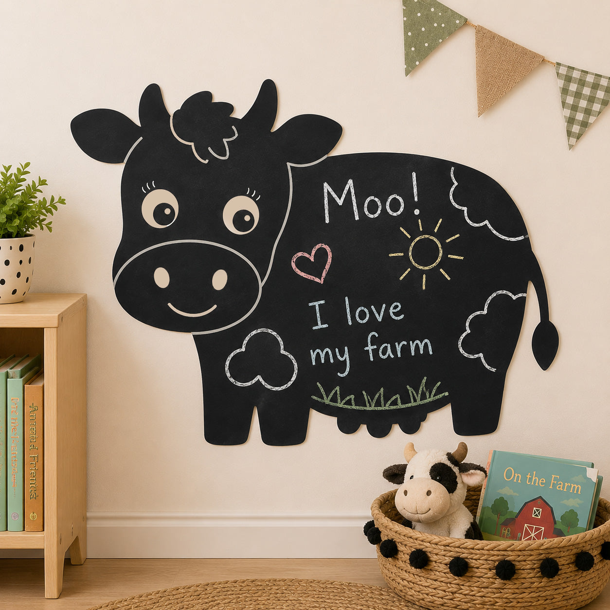 Cow chalkboard wall sticker with kids chalk drawings in farm themed nursery bedroom