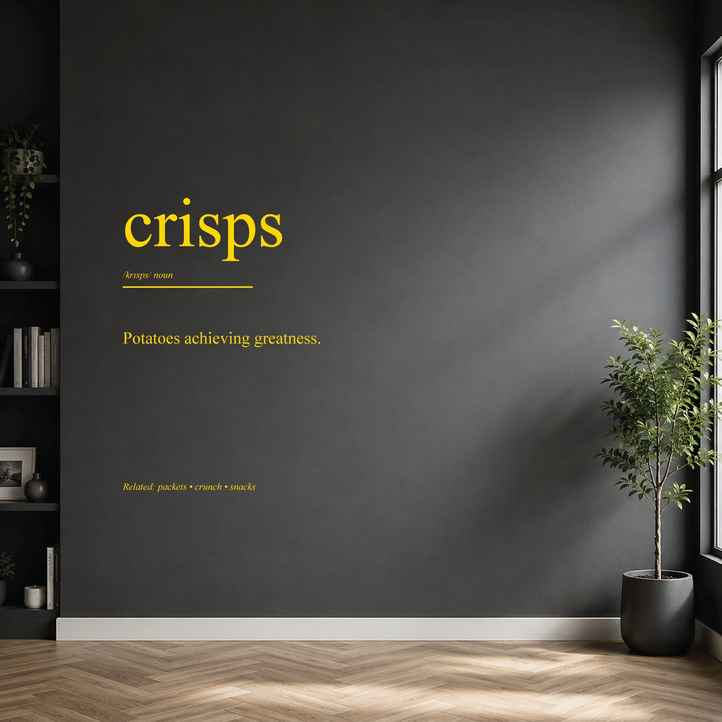 White crisps dictionary definition wall sticker on a modern kitchen wall.