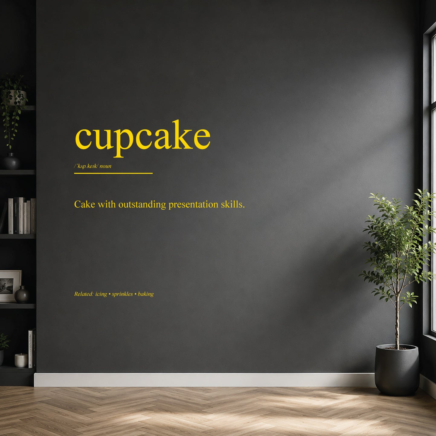 White cupcake dictionary definition wall sticker on a modern kitchen wall.