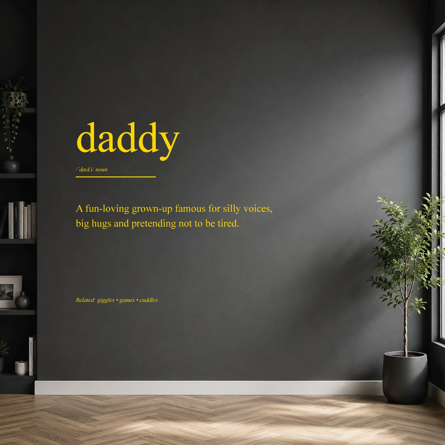 White daddy dictionary definition wall sticker on a dark modern wall.