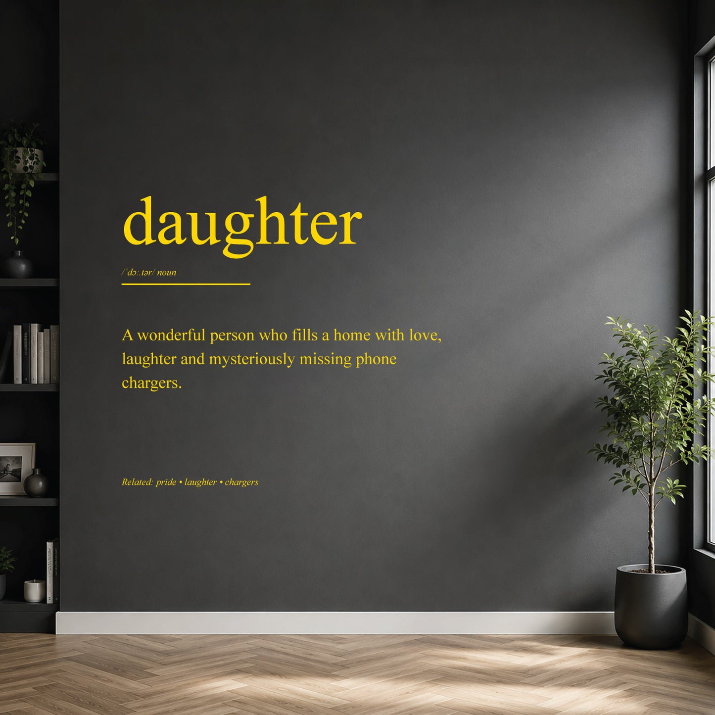 White daughter dictionary definition wall sticker on a dark modern wall.