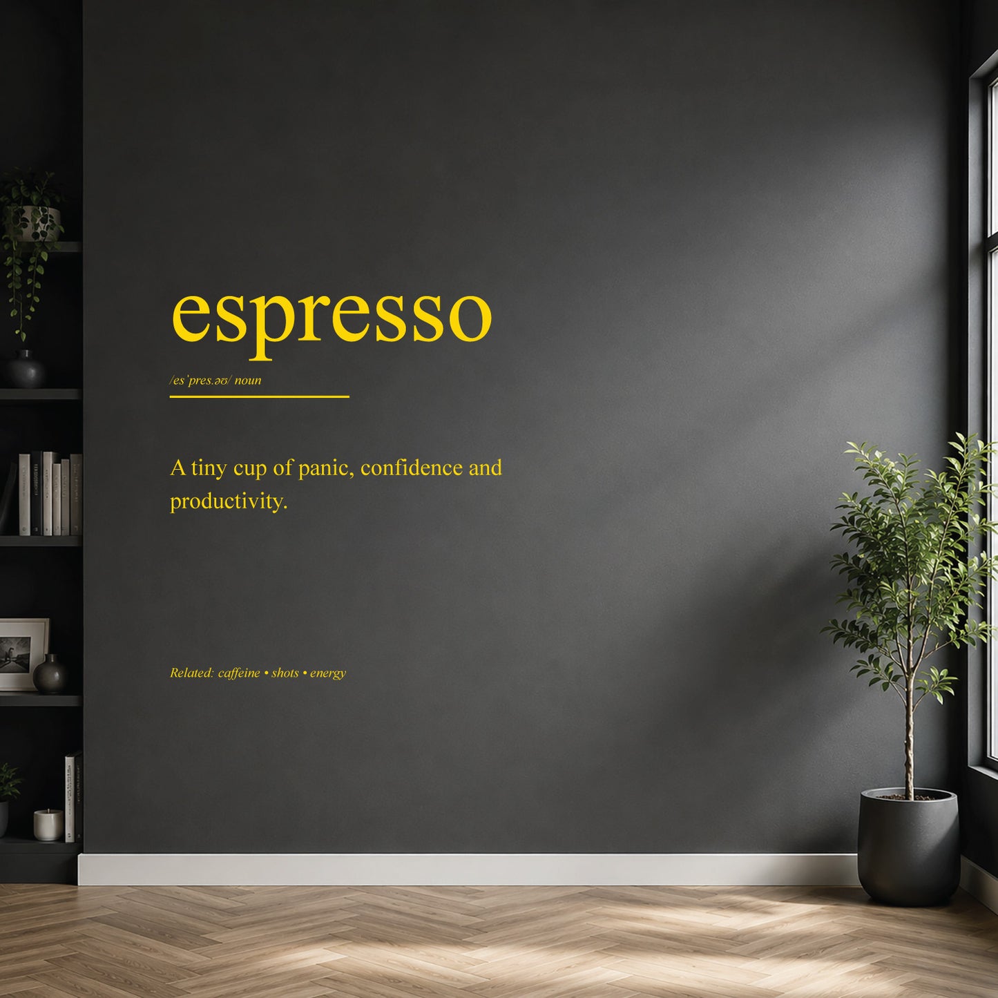 White espresso dictionary definition wall sticker on a modern kitchen or home bar wall.