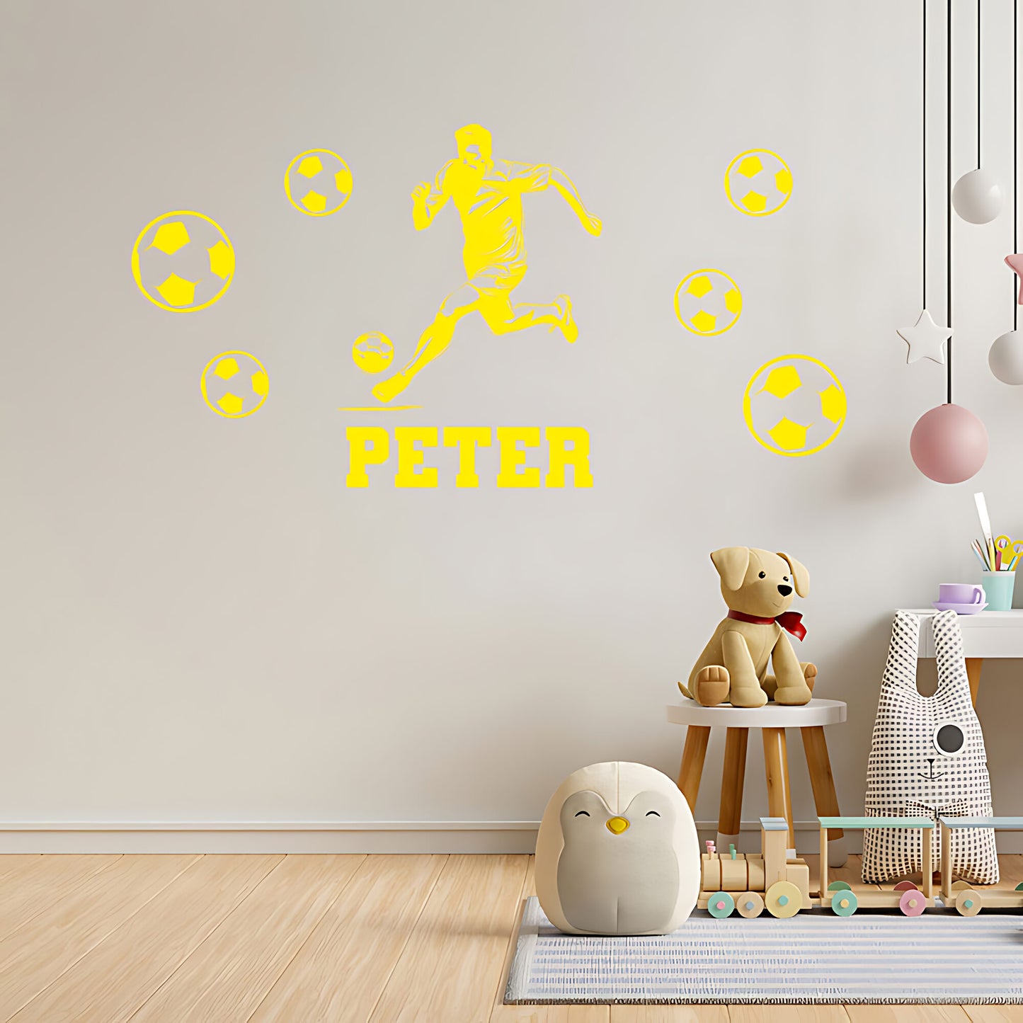 Custom Football Wall Decal – Footballer Kicking with Name & Balls