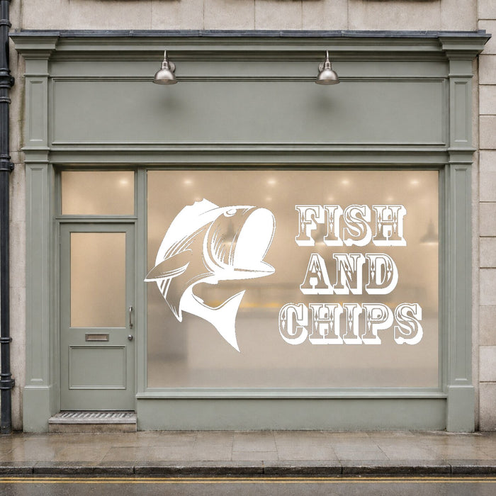 Fish and chips window sticker with stylised fish and vintage lettering – White