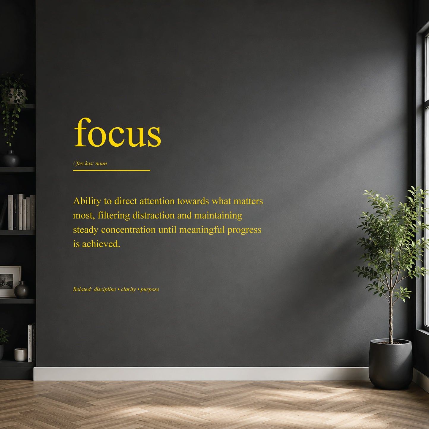 White focus definition wall sticker on a dark modern wall.