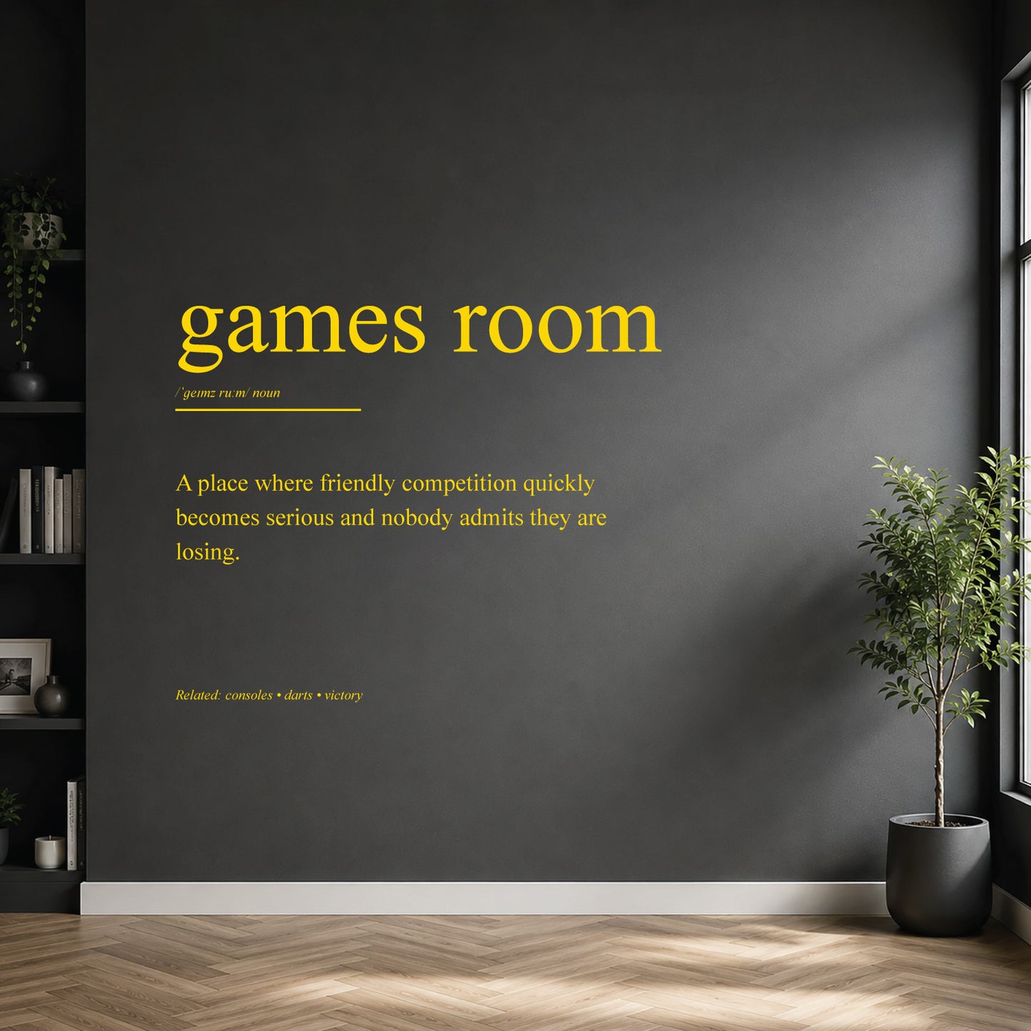 White games room definition wall sticker on a dark modern wall.