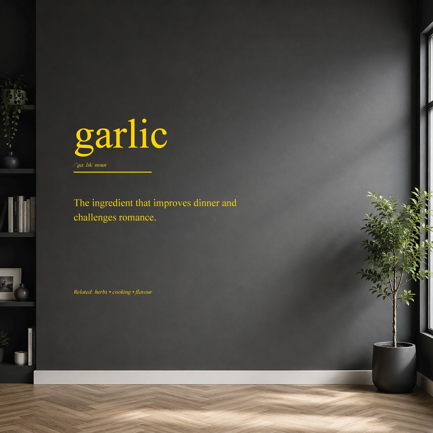 White garlic dictionary definition wall sticker on a modern kitchen wall.