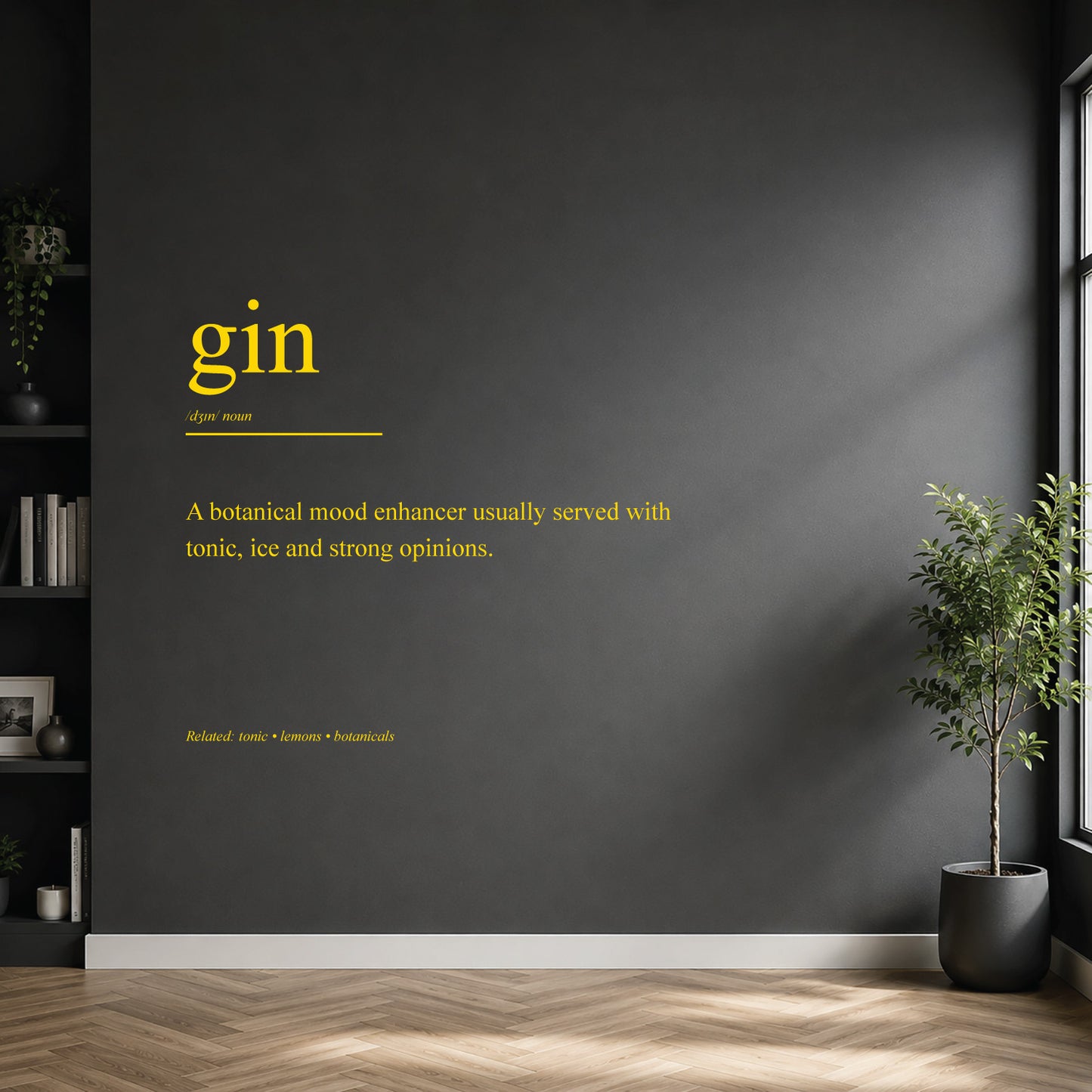 White gin dictionary definition wall sticker on a modern kitchen or home bar wall.