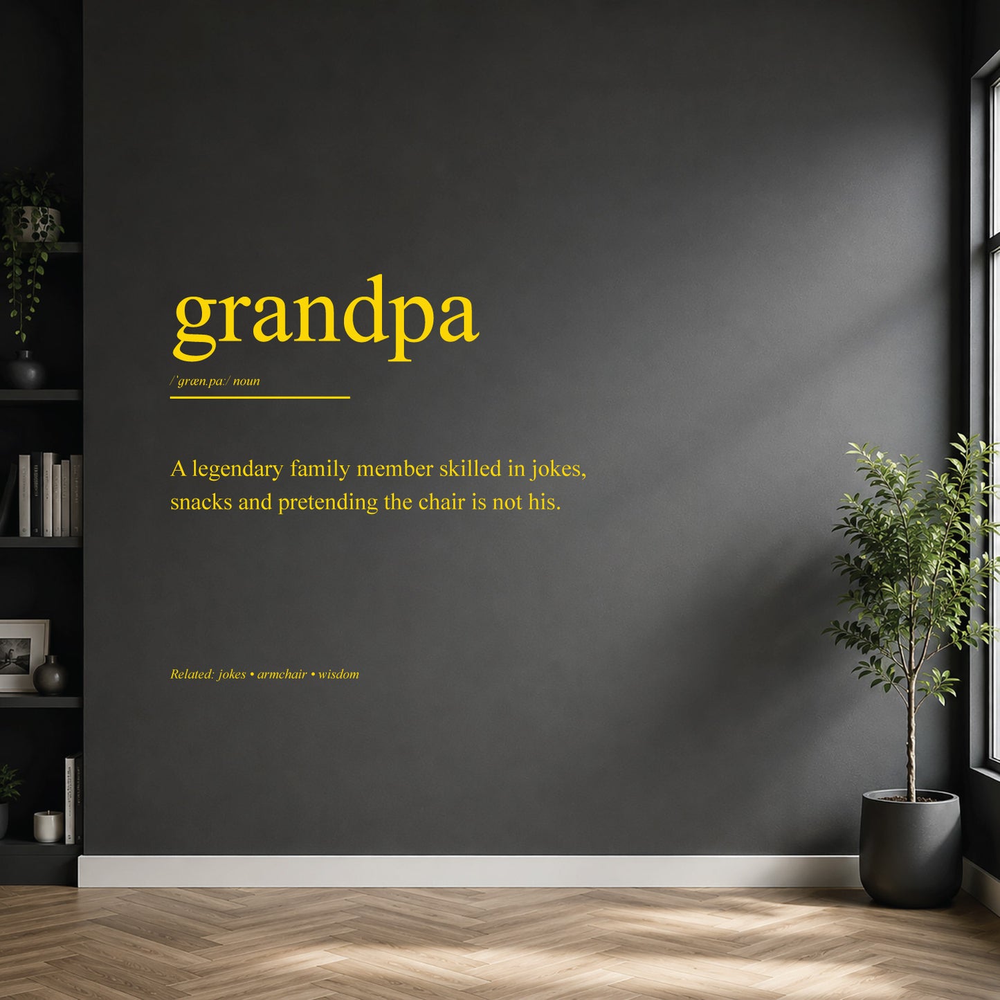White grandpa dictionary definition wall sticker on a dark modern wall.