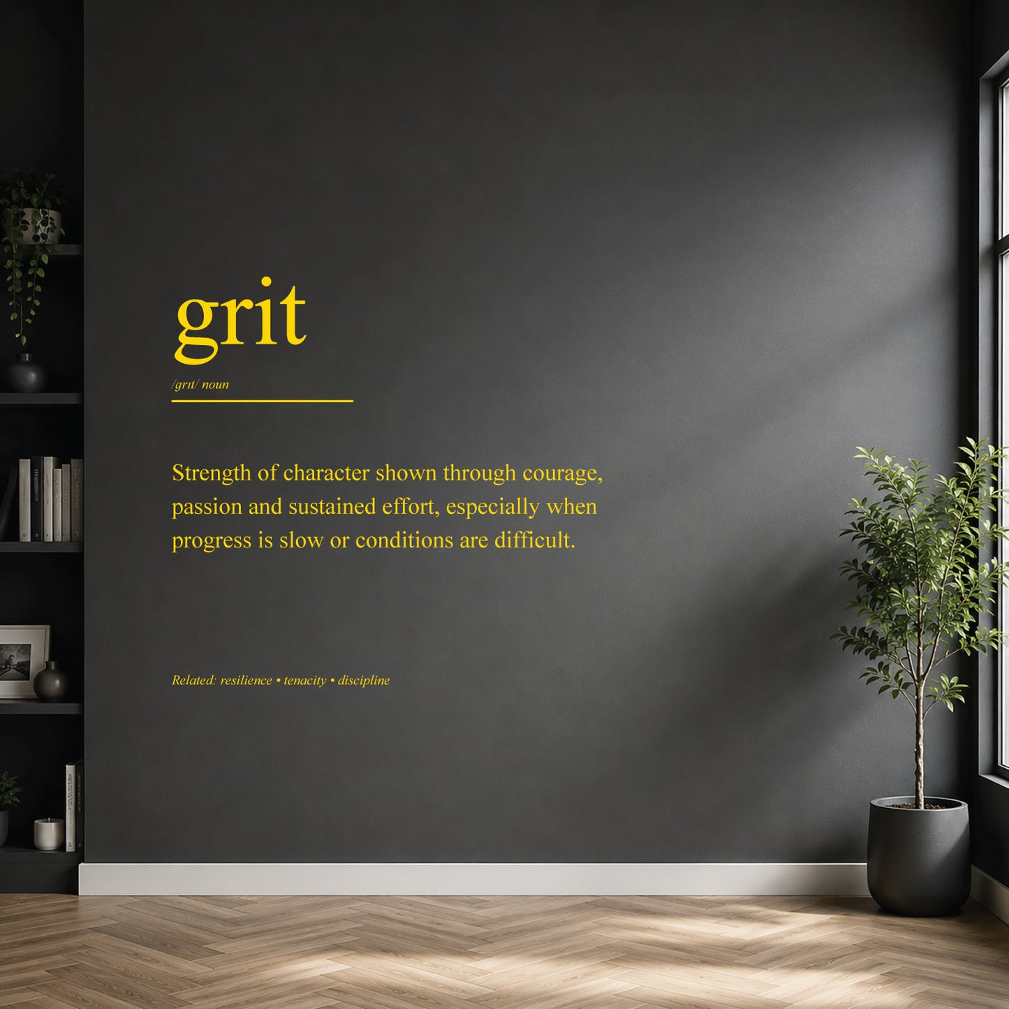 White grit definition wall sticker on a dark modern wall.
