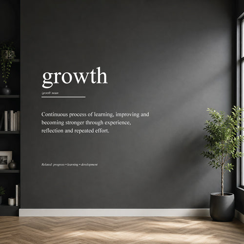 White growth definition wall sticker on a dark modern wall.
