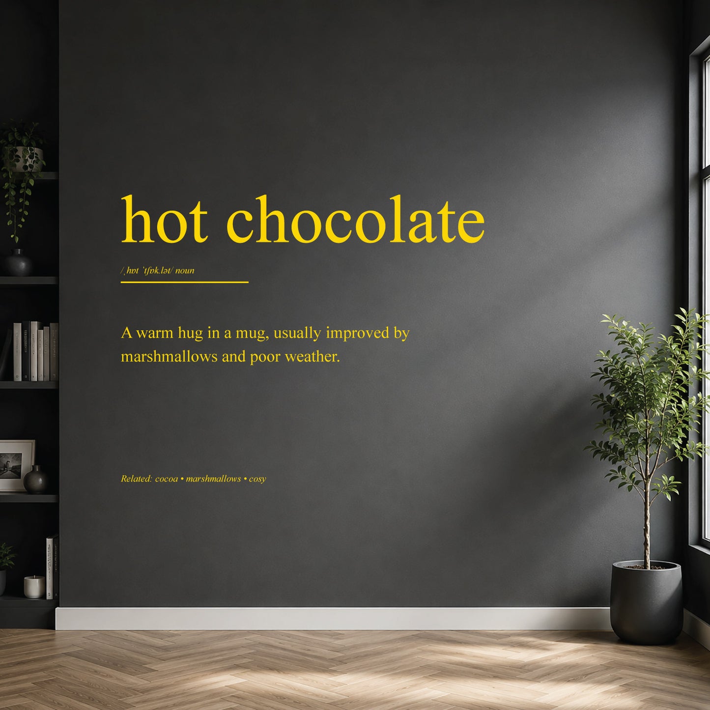 White hot chocolate dictionary definition wall sticker on a modern kitchen or home bar wall.