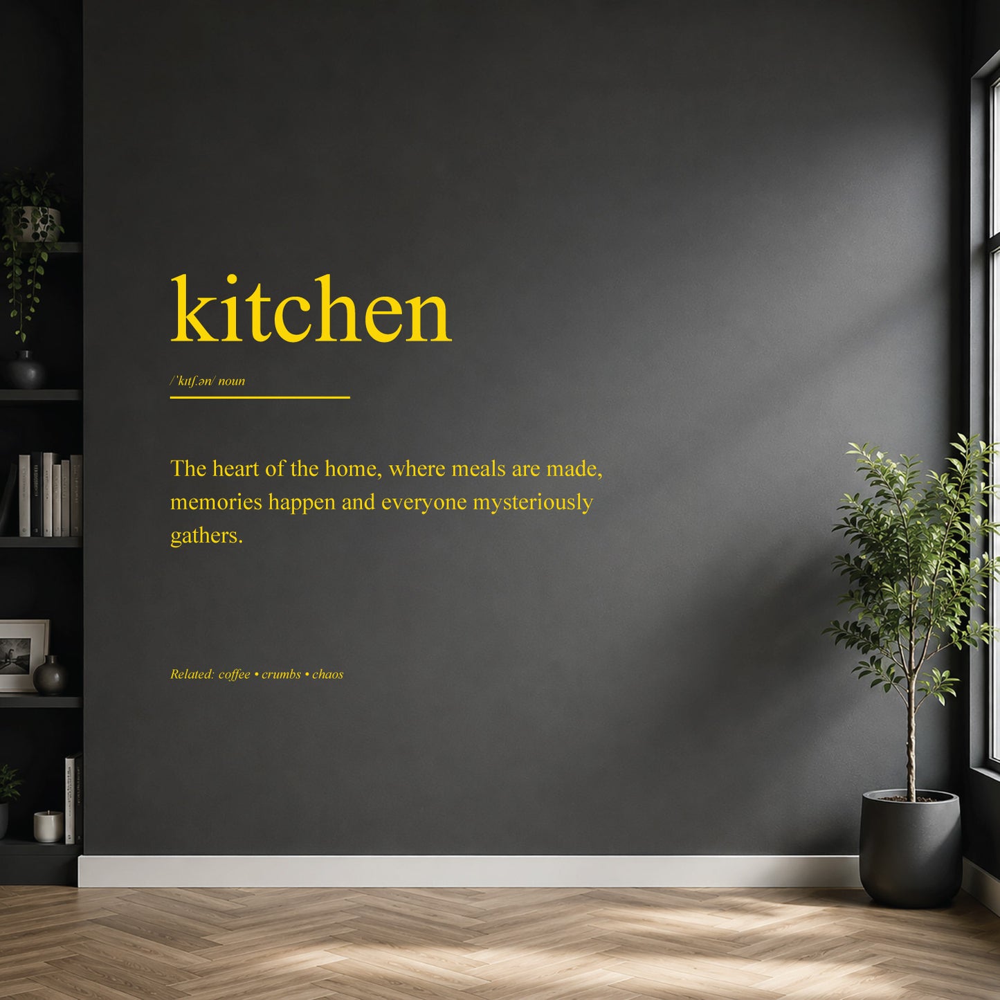 White kitchen definition wall sticker on a dark modern wall.